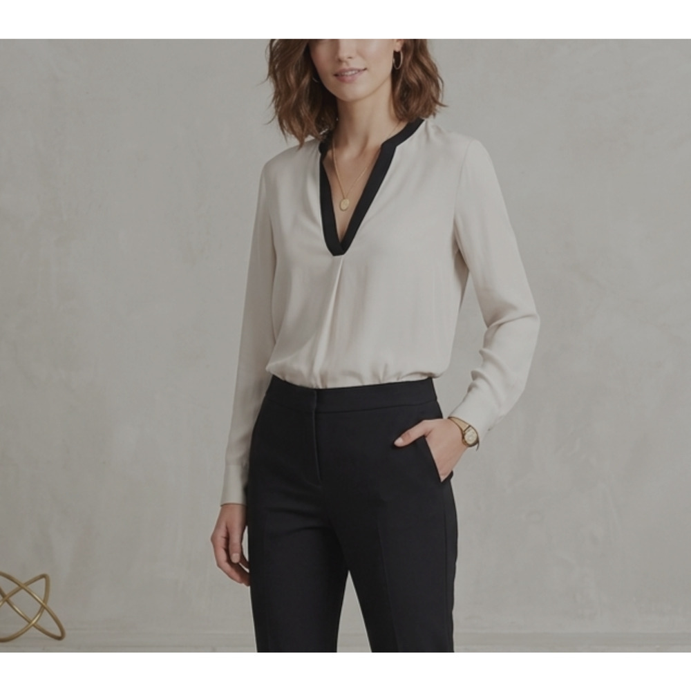 Vince 100% Silk Colorblock Popover Top Size 4 Black Cream Long Sleeves Career